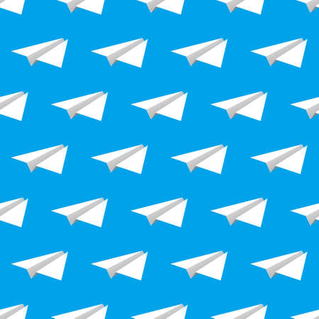 White paper airplanes are flying forward over blue background, seamless pattern. Concept of business and startup, traveling and tourismのイラスト素材