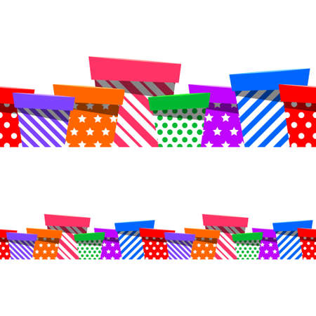 Seamless border of funny multicolor patterned gift boxes, festive background for decorating of Christmas or Birthday greetings, holiday backgroundのイラスト素材