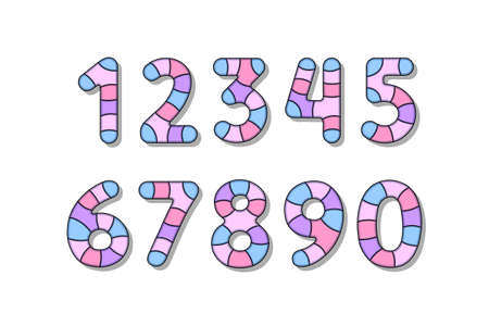 Set of cute funny colorful numbers. Ten decorative, ornate, fancy hand drawn figures. One, two, three, four, five, six, seven, eight, nine and zero for your designのイラスト素材