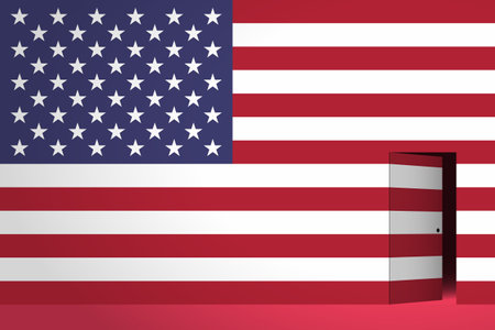 The USA flag and the half-open door in side, dark space is behind the door. Concept of reception or renunciation of US citizenship, entering or leaving of state territory, crossing of bordersのイラスト素材