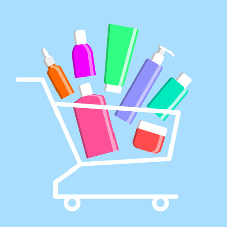 Many various colored beauty products are stacked in shopping cart. Concept of buying of cosmetics, online sales of cosmetic products, beauty and healthcare businessのイラスト素材