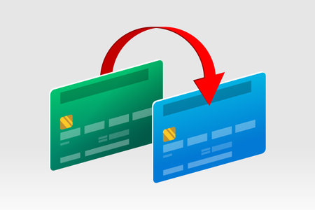Two bank cards and red arrow above them, concept of money transferring from card to card, payments, finance operations, card transactions, e-commerce and businessのイラスト素材