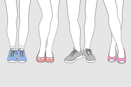 Outlines of woman's legs in different poses and with different shoes on feet, classic and sport styles. Concept of fashion and beauty trends in lady footwear. Coloring is availableのイラスト素材