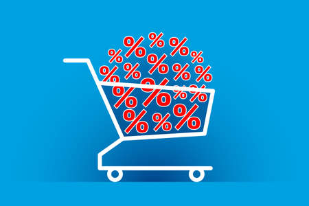 Many red percent signs are stacked in shopping cart, over blue background. Concept of big discounts, promotions, seasonal sales, buying of products, online shopping and consumerismのイラスト素材