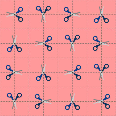 Seamless pattern of scissors and dotted split lines on colored paper, cardboard or fabric, DIY and...