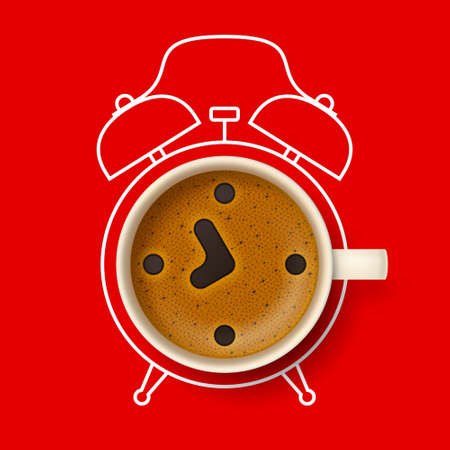 Cup of coffee with stylized clock face, hour and minute hands on frothy surface, with silhouette of alarm clock on background. Time to have a coffee break, coffee pause and relax, coffee time conceptの写真素材