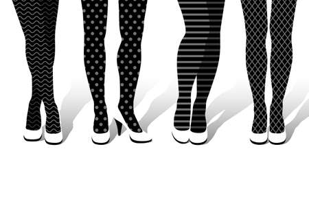 Beautiful woman's legs in different poses with fancy pantyhose with different patterns and big-heeled shoes on feet. Concept of fashion and beauty trends in lady legwear, black and white illustrationのイラスト素材