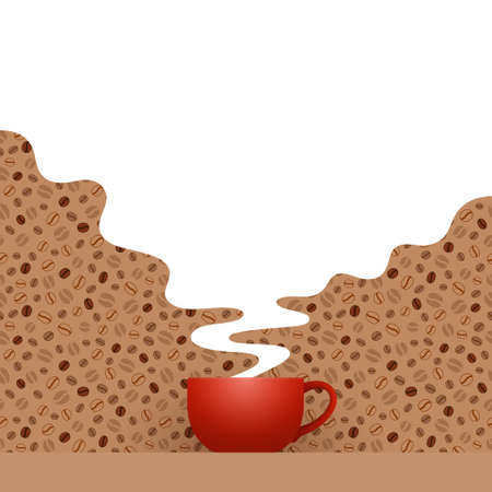 Red cup of fresh coffee and white hot steam with empty place for your text and design, over patterned background with stylized coffee beans. Coffee drinking, coffee break and leisure conceptのイラスト素材