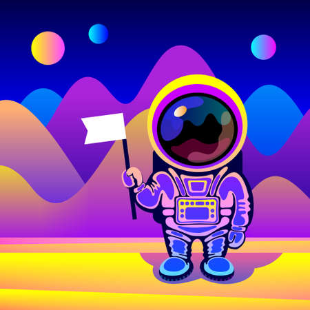 Cartoon cosmonaut wearing space suit is standing over fantastic landscape of alien planet and holding flag in hand. Concept of space travel, exploration of new planets, design for cosmonautics dayのイラスト素材