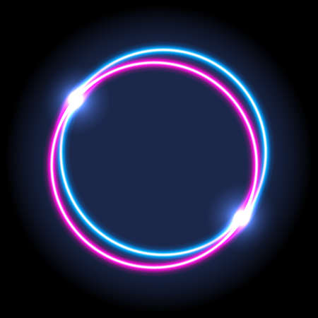 Bright colored luminous double round frame with shining effect over dark background, with empty place for your text in the center. Decorative element for promotion and advertisement designの写真素材
