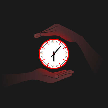 Red clock and person's hands near it in darkness, hands are carefully protecting clock. Concept of saving of time, attention to life moments, transience of life, loss of time, running of timeのイラスト素材