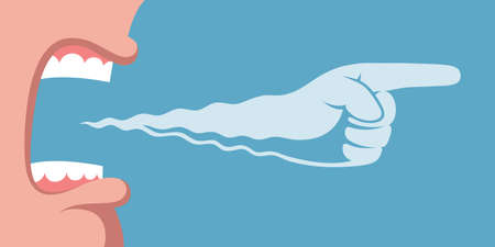 Angry furious person is screaming loudly, instructing, making reprimand or rebuke, scolding, blaming. Directive or reproof is flying out of mouth and shaped like pointing gesture with index fingerのイラスト素材