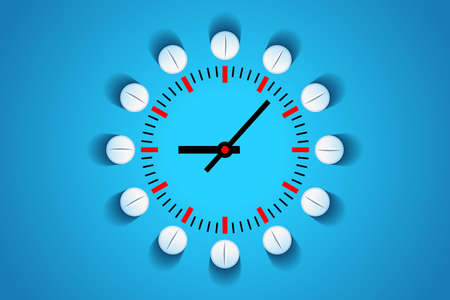 Clock face and white tablets around it. Concept of taking medications by time, treatment schedule....