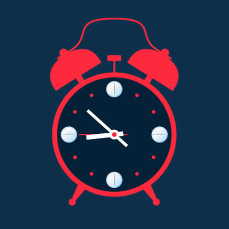Silhouette of red alarm clock with white tablets on clock face, over dark background. Concept of taking medications by time, treatment schedule. Healthcare and medical, insomnia conceptのイラスト素材