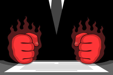 Clenched red fists of angry furious businessman or political person and document on table. Concept of being enraged from political failure, bad business deal, poor result, broken contractのイラスト素材