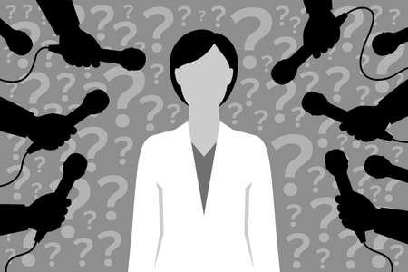 Doctor wearing white coat and hands holding microphones around, over background with plenty of question marks. Interview for the media, answers to topical issues about epidemiological situationのイラスト素材
