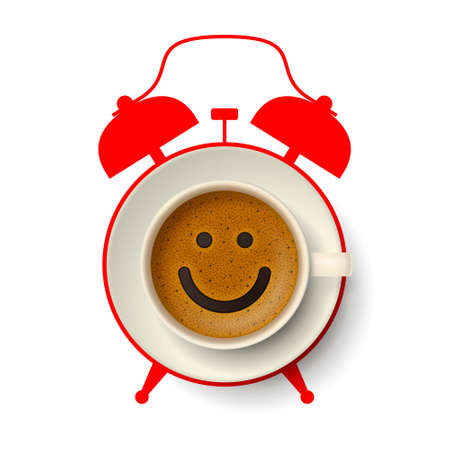 Cup of coffee with happy funny smiling face on frothy surface, on saucer, with silhouette of alarm...