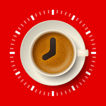 Cup of coffee with stylized clock hands on frothy surface, on saucer, with silhouette of clock face...