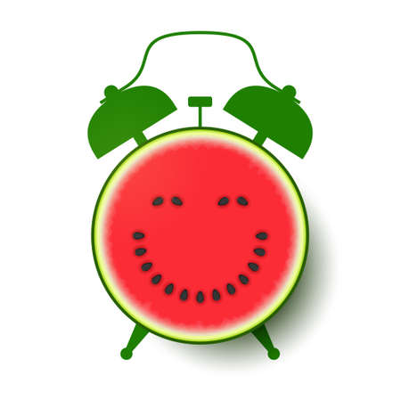 Half of fresh ripe watermelon with happy funny smiling face made from seeds on red pulp surface, with silhouette of alarm clock on background. Time for raw food diet, concept of healthy organic foodのイラスト素材