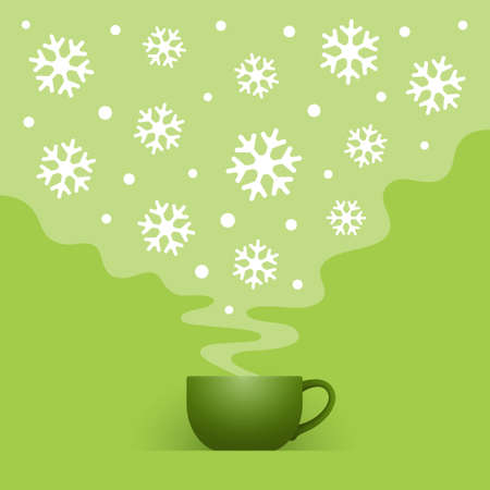 Cup of iced green tea and light cloud with snowflakes, over green background. Concept of cold tea drinking during heat, prevention of overheating in summer, healthy refreshing beverageのイラスト素材