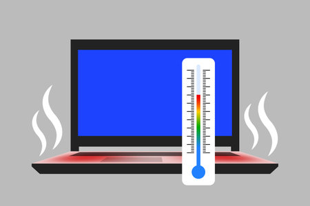 Open laptop with white steam from hot red surface and thermometer displaying high temperature. Concept of overheating of PC during heavy load and hot weatherのイラスト素材