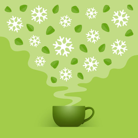 Cup of iced green tea and light cloud with snowflakes and mint leaves, over green background. Concept of cold tea drinking during heat, prevention of overheating in summer, healthy refreshing beverageのイラスト素材