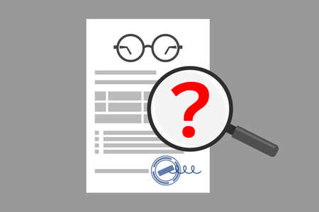 Paper sheet with eyeglasses icon, text and stamp of optometrist, and magnifier with question mark. Right reading of glasses prescription. Concept of optical correction and visual healthのイラスト素材