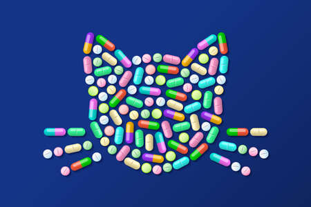 Colored pills and tablets are combined in silhouette of cat face with vibrissae. Concept of pet medications and treatment, veterinary medicinesの写真素材