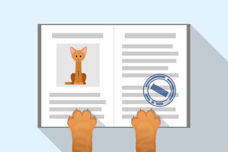 Pet passport is in paws of ginger cat over gray background. Concept of veterinary document for cat, pet care, health and vaccinationsのイラスト素材