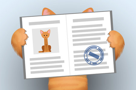 Pet passport is in paws of ginger cat over gray background. Concept of veterinary document for cat, pet care, health and vaccinationsのイラスト素材