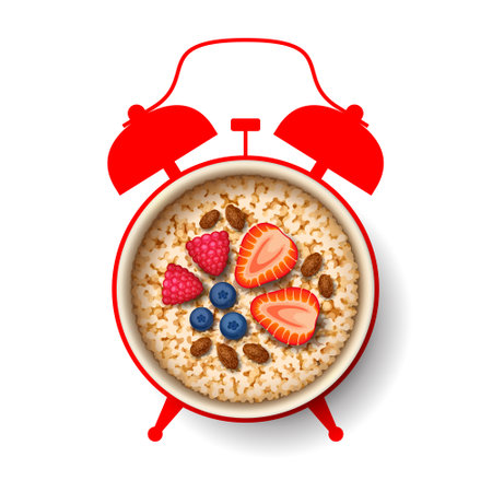 Oatmeal with fresh berries in white bowl and silhouette of alarm clock on background. Time to have a breakfast, nutritious food at the morning for active working day, concept of healthy dietの写真素材