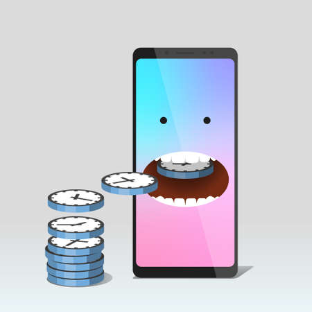 Modern mobile phone is eating stylized clocks with different time on clock faces. Concept of wasting time when using smartphoneのイラスト素材