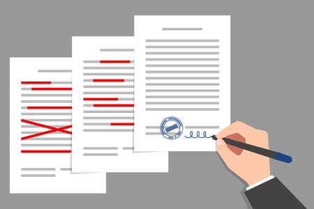 Stack of documents with red corrections, and boss's hand signing final corrected document. Concept of text correction and document preparation before signingのイラスト素材
