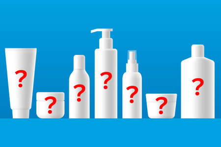 White cosmetic tubes, bottles and jars, with red question marks over colored background. Problem of choosing beauty or dermatological products for skin care or treatmentの写真素材