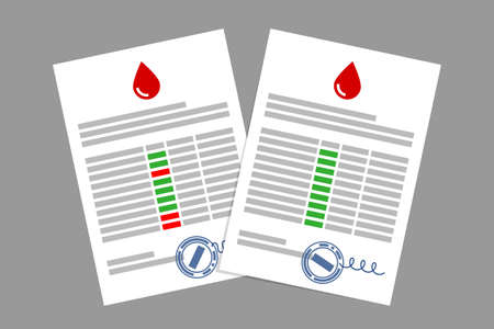 Two medical forms with laboratory blood analysis results of patient. Good and bad results are...