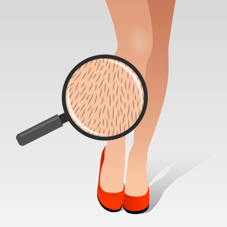 Beautiful woman's legs and hair seen through magnifying glass. Concept of fashion and beauty trends and standards, body positivity, hairy unshaved body partsのイラスト素材