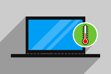 Open laptop and thermometer icon inside round sign. Concept of optimal operating temperature of working PC, timely maintenance of coolers to prevent overheating, health of notebookのイラスト素材