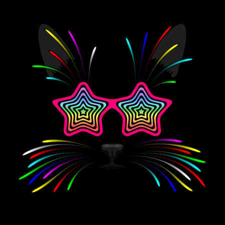 Black cat face with bright shining colored vibrissae, wearing colorful trendy crazy glasses with frames shaped like stars and hypnotic patterns, over black background. Funny fashionable disco petのイラスト素材