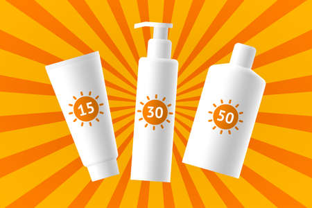 Sunscreen cosmetic products with sun protection factor labels, sunblock set with different SPF, skin...