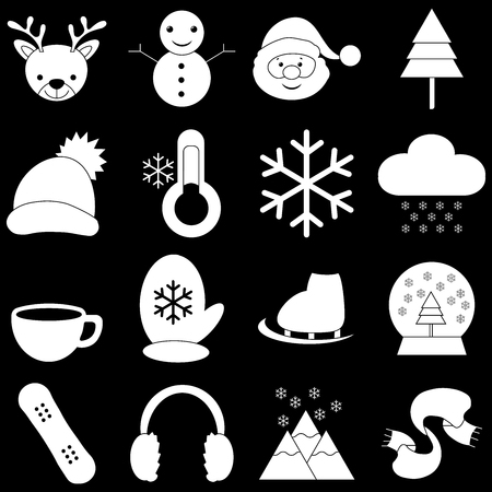 Winter flat icons drawing with white and black thin lines on black backgroundのイラスト素材