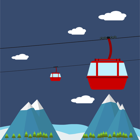 Picture of red ropeway cabines with forest and mountain on background, flat style illustrationのイラスト素材