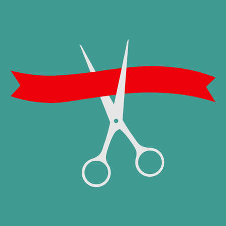 Scissors cut straight red ribbon. Big round bow. Business beginnings event. Launch startup concept. Grand opening celebration sign symbol. Flat design. Green background. Isolatedのイラスト素材