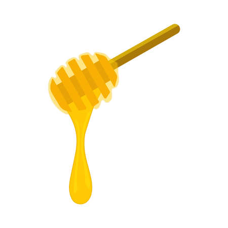 Liquid honey dripping from wooden dipper. Golden honey drop, sticky syrup wood spoon. Natural healthy product package design. Vector illustrationのイラスト素材