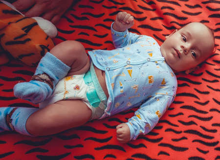September 4, 2015 Omsk, Russia. Child under 1 year old, color-rich image. Editorial