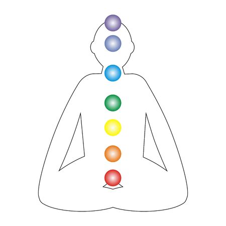 Man  silhouette in lotus pose with symbols of energy centers. Chakras chart on male body.のイラスト素材
