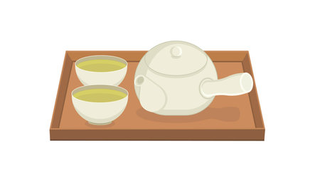 Vector set of teapot, tray and two cupsのイラスト素材