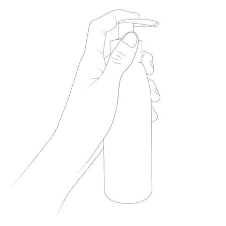 Holding bottle of gel in hand vector illustration. bottle pump dispenser.のイラスト素材
