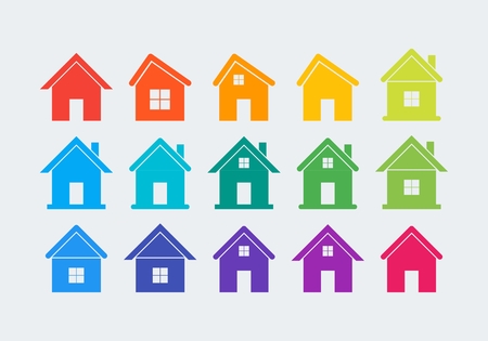 15 colored flat houses with doors and windows iconsのイラスト素材