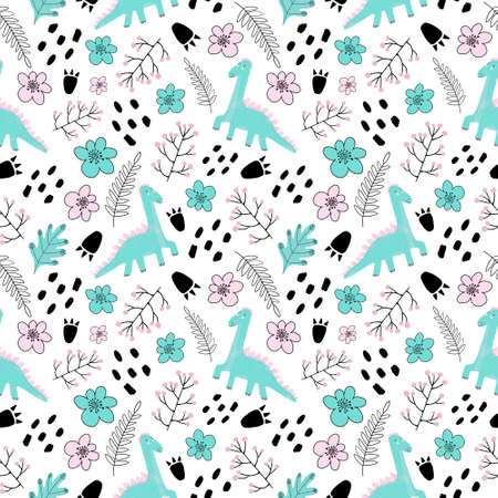 Digital seamless pattern in doodle style with dinosaur brontosaurus, twigs, flowers, spots and dinosaur footprints. Childish background with dinosaurs and additional elementsの写真素材