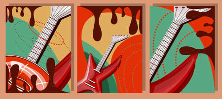 a set of Boho Vector images with a well-drawn guitar and speaker set against a background of bright minimalistic spots. Rock music concept.のイラスト素材